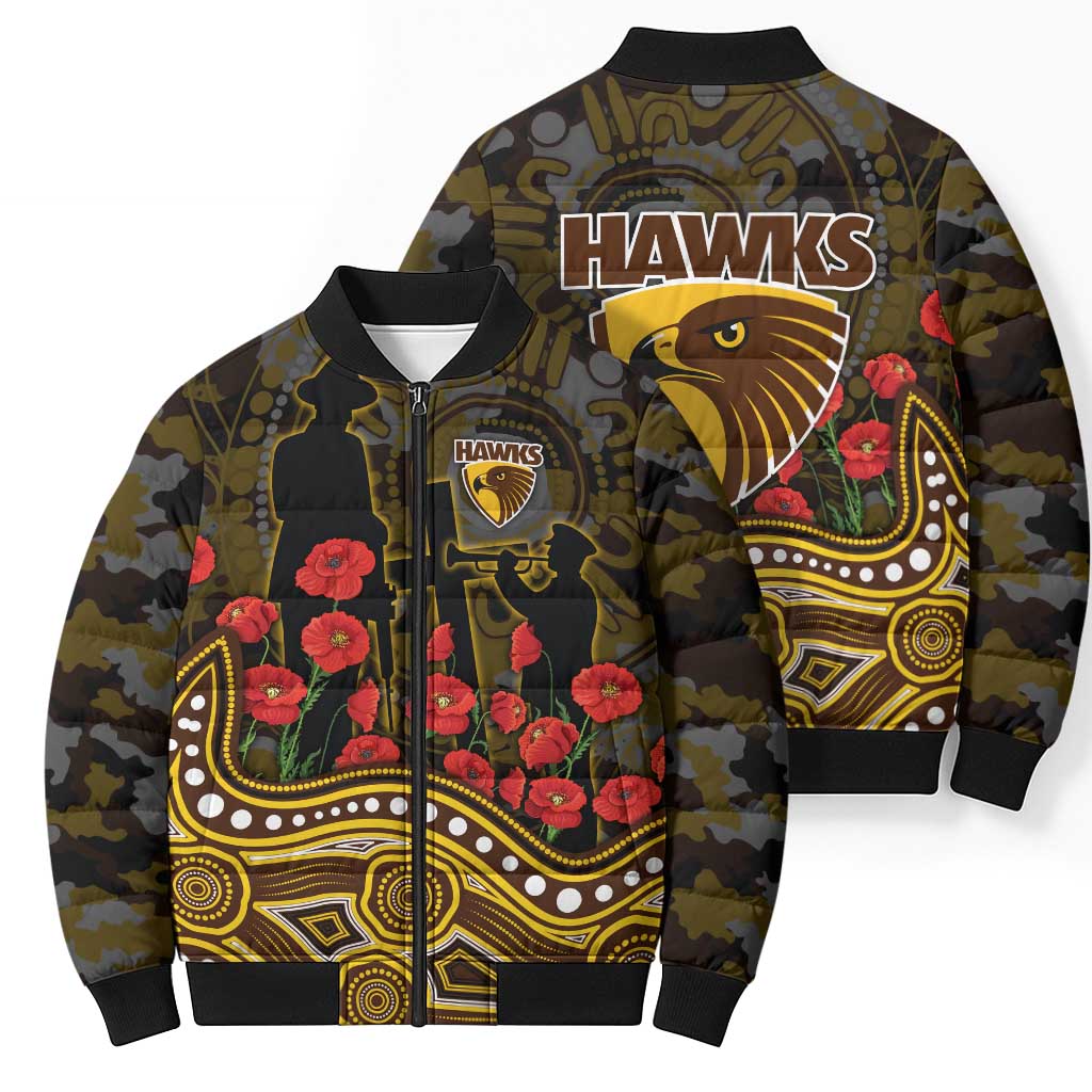 Hawthorn Hawks ANZAC Day Bomber Puffer Jacket Indigenous Dot Art with Poppy Flower Tribute