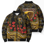 Hawthorn Hawks ANZAC Day Bomber Puffer Jacket Indigenous Dot Art with Poppy Flower Tribute