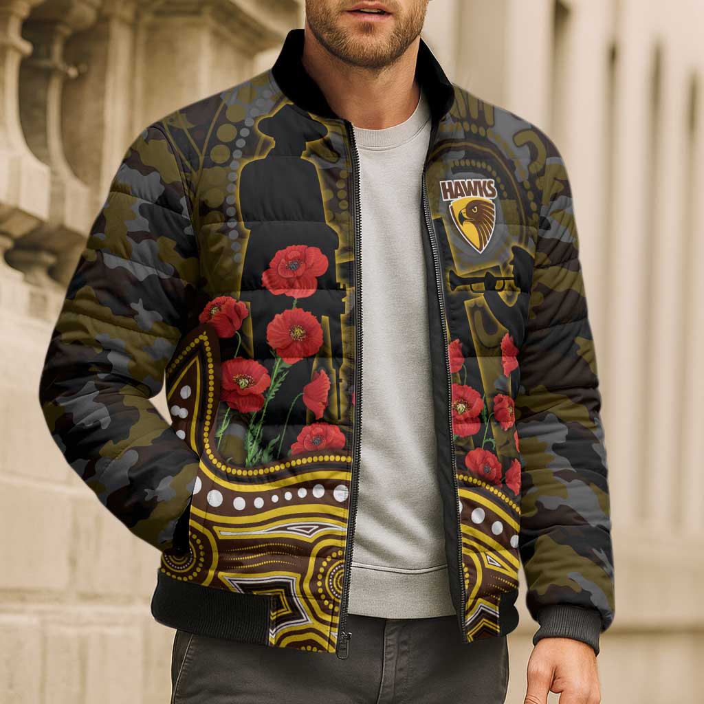 Hawthorn Hawks ANZAC Day Bomber Puffer Jacket Indigenous Dot Art with Poppy Flower Tribute