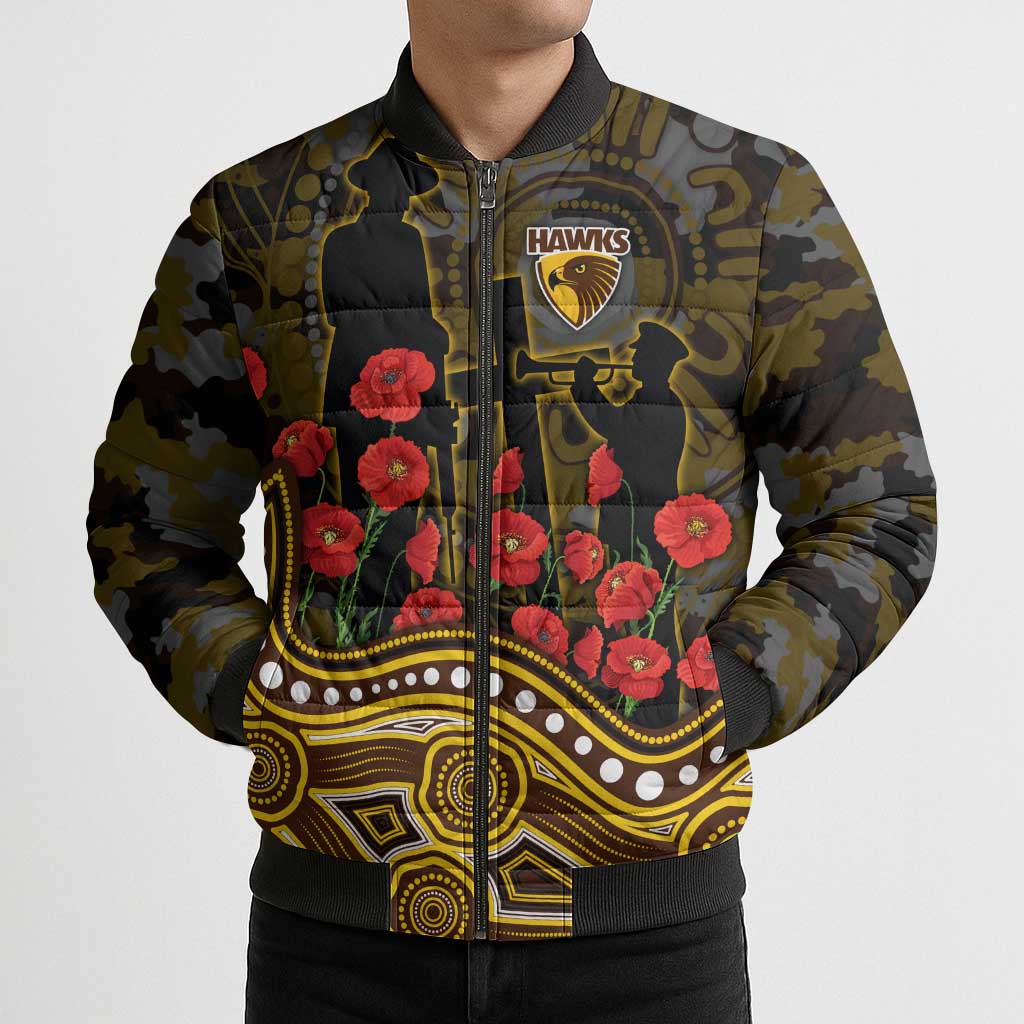 Hawthorn Hawks ANZAC Day Bomber Puffer Jacket Indigenous Dot Art with Poppy Flower Tribute
