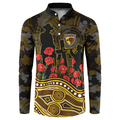 Hawthorn Hawks ANZAC Day Button Sweatshirt Indigenous Dot Art with Poppy Flower Tribute