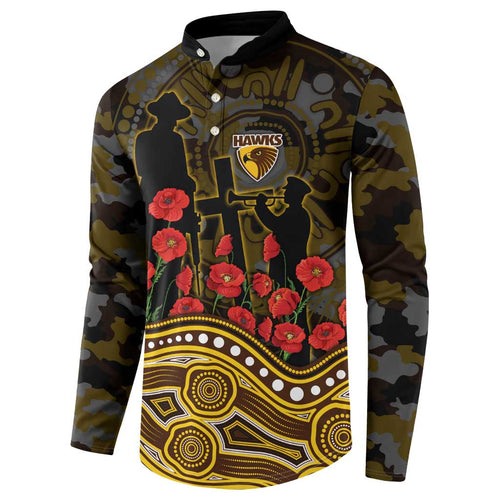 Hawthorn Hawks ANZAC Day Button Sweatshirt Indigenous Dot Art with Poppy Flower Tribute