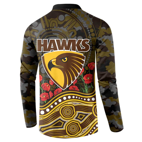 Hawthorn Hawks ANZAC Day Button Sweatshirt Indigenous Dot Art with Poppy Flower Tribute