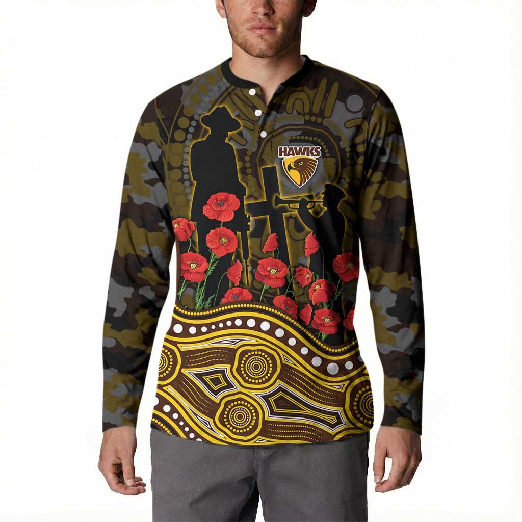 Hawthorn Hawks ANZAC Day Button Sweatshirt Indigenous Dot Art with Poppy Flower Tribute