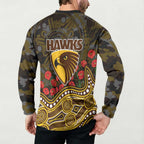 Hawthorn Hawks ANZAC Day Button Sweatshirt Indigenous Dot Art with Poppy Flower Tribute