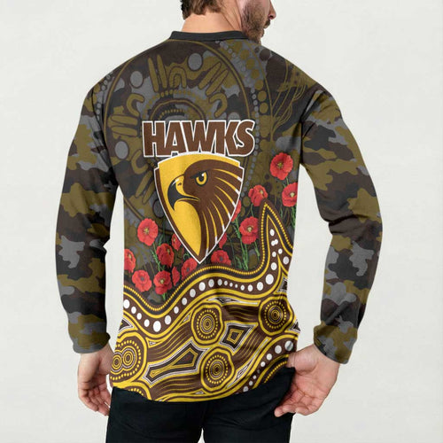 Hawthorn Hawks ANZAC Day Button Sweatshirt Indigenous Dot Art with Poppy Flower Tribute