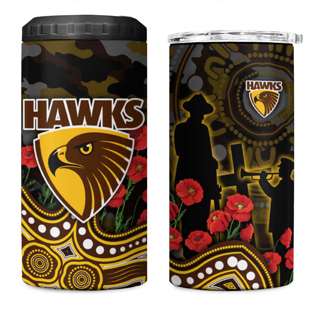 Hawthorn Hawks ANZAC Day 4 in 1 Can Cooler Tumbler Indigenous Dot Art with Poppy Flower Tribute