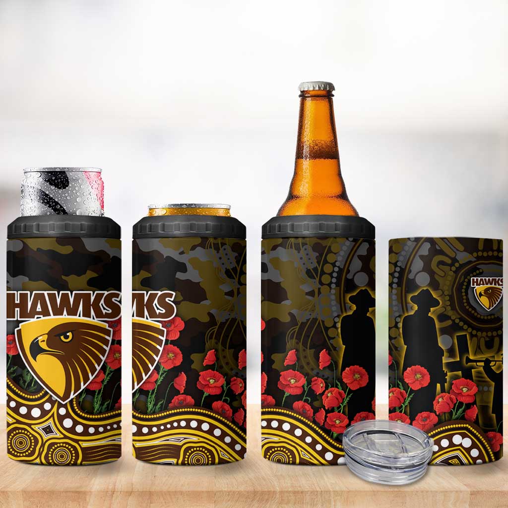 Hawthorn Hawks ANZAC Day 4 in 1 Can Cooler Tumbler Indigenous Dot Art with Poppy Flower Tribute
