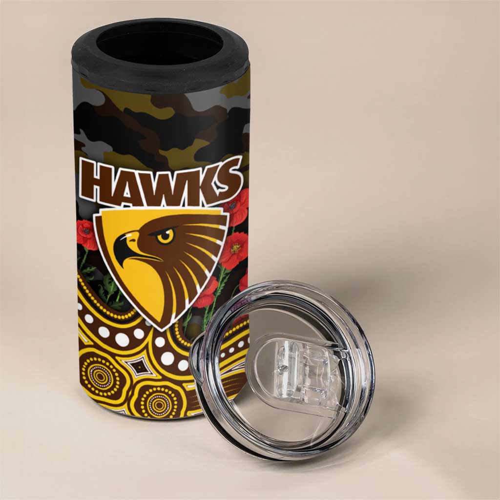 Hawthorn Hawks ANZAC Day 4 in 1 Can Cooler Tumbler Indigenous Dot Art with Poppy Flower Tribute
