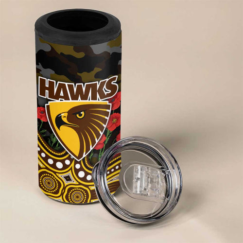 Hawthorn Hawks ANZAC Day 4 in 1 Can Cooler Tumbler Indigenous Dot Art with Poppy Flower Tribute
