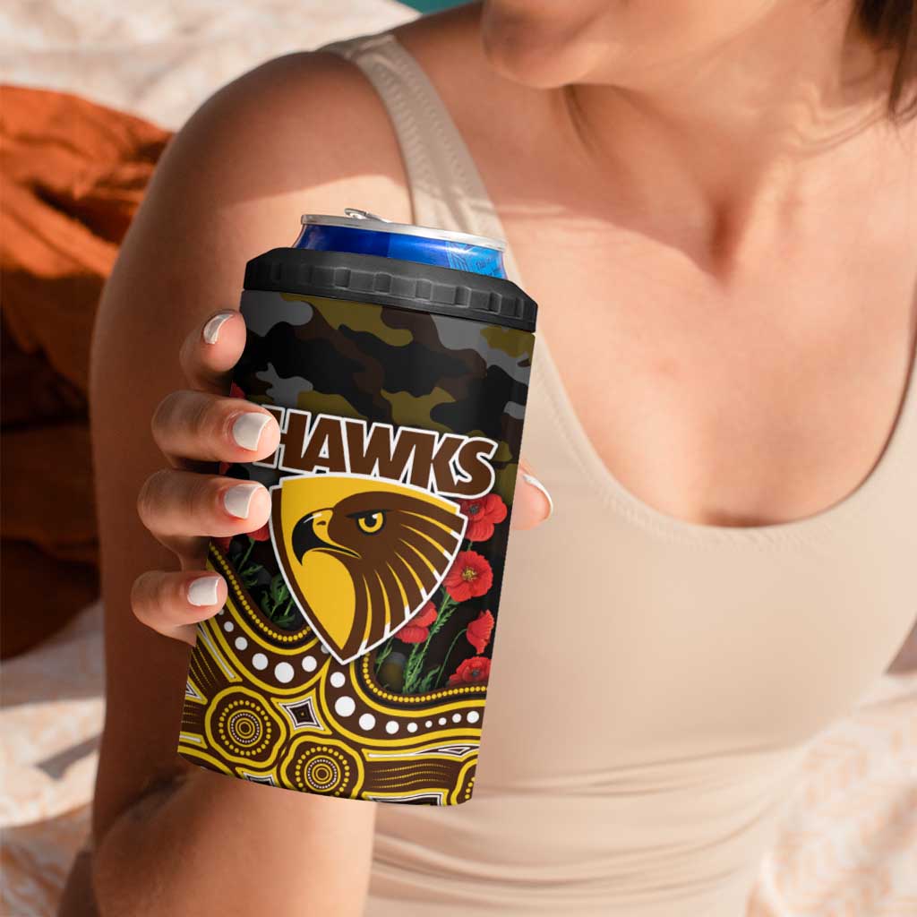 Hawthorn Hawks ANZAC Day 4 in 1 Can Cooler Tumbler Indigenous Dot Art with Poppy Flower Tribute