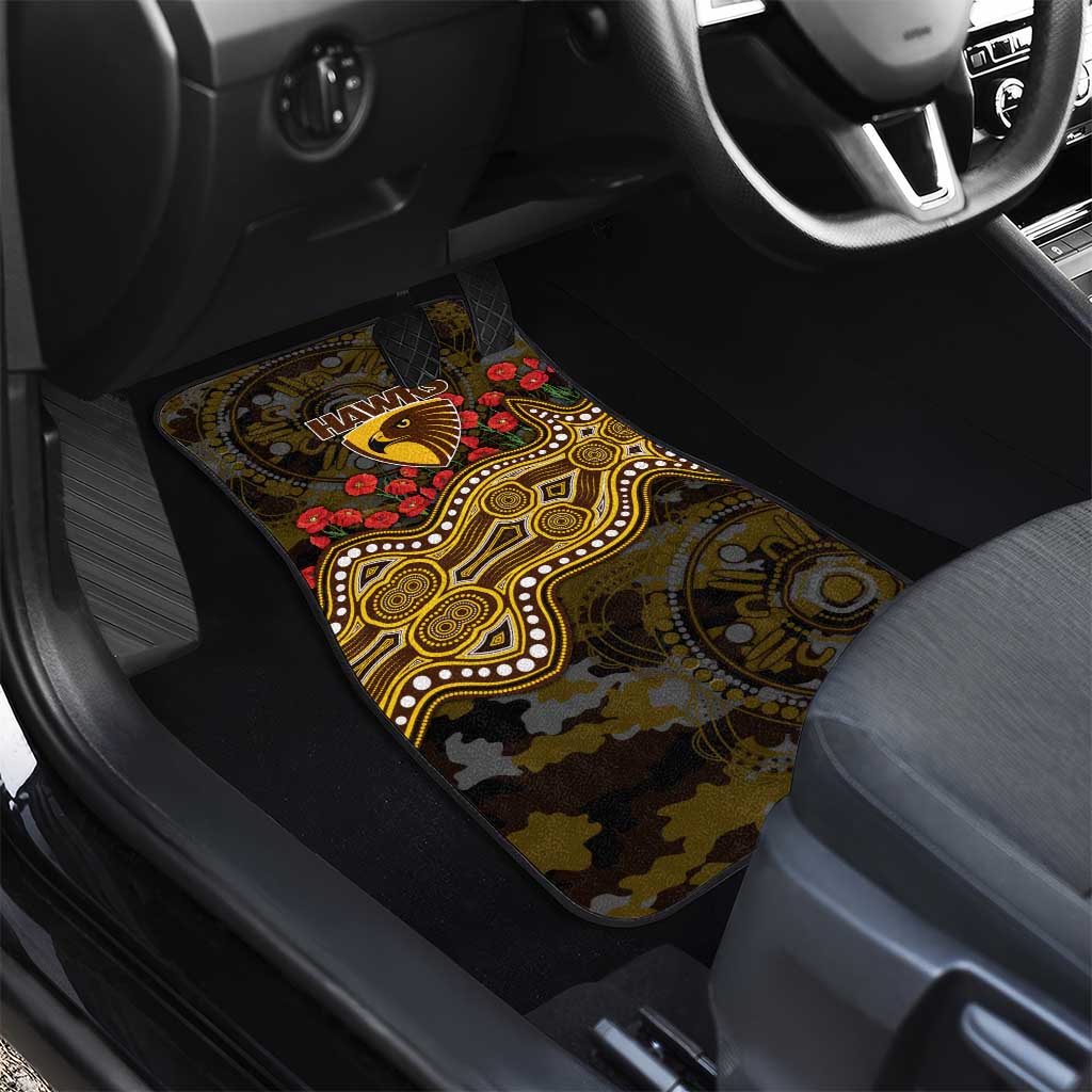 Hawthorn Hawks ANZAC Day Car Mats Indigenous Dot Art with Poppy Flower Tribute