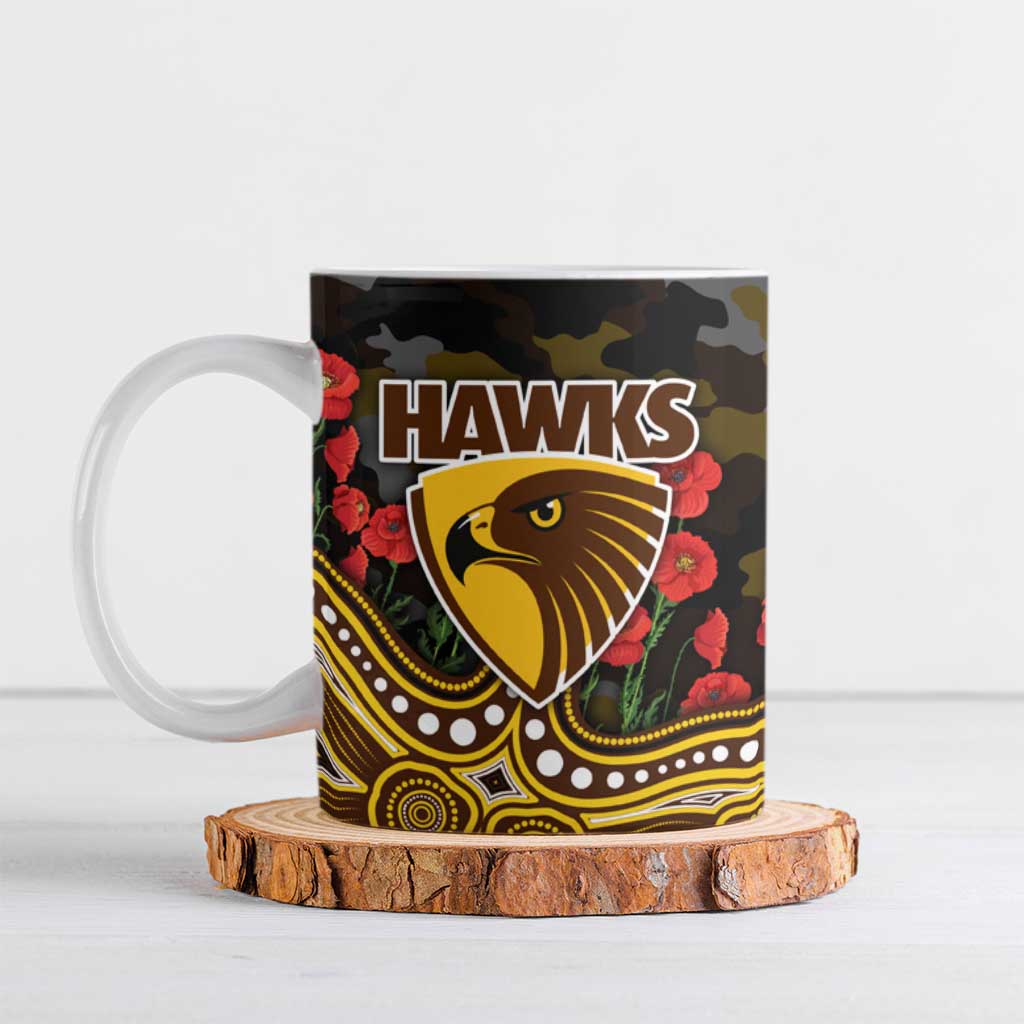 Hawthorn Hawks ANZAC Day Ceramic Mug Indigenous Dot Art with Poppy Flower Tribute