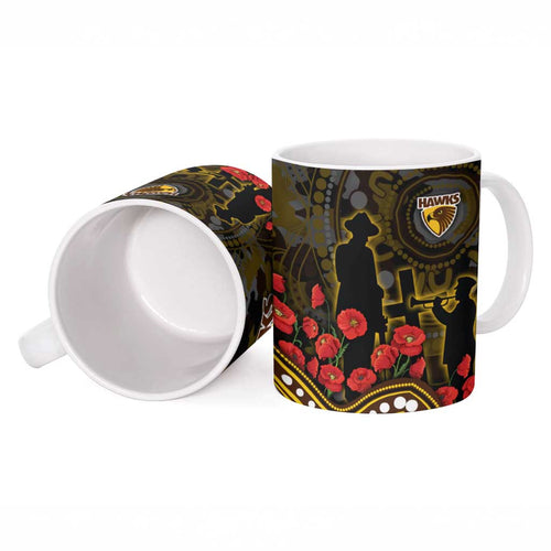 Hawthorn Hawks ANZAC Day Ceramic Mug Indigenous Dot Art with Poppy Flower Tribute