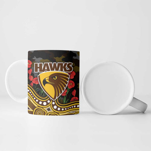 Hawthorn Hawks ANZAC Day Ceramic Mug Indigenous Dot Art with Poppy Flower Tribute