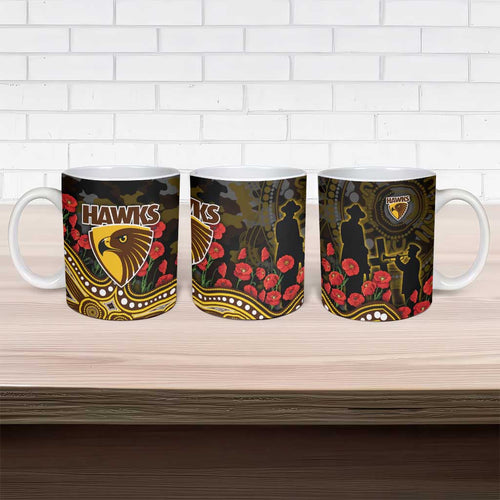 Hawthorn Hawks ANZAC Day Ceramic Mug Indigenous Dot Art with Poppy Flower Tribute