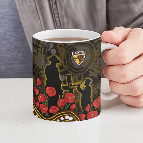 Hawthorn Hawks ANZAC Day Ceramic Mug Indigenous Dot Art with Poppy Flower Tribute