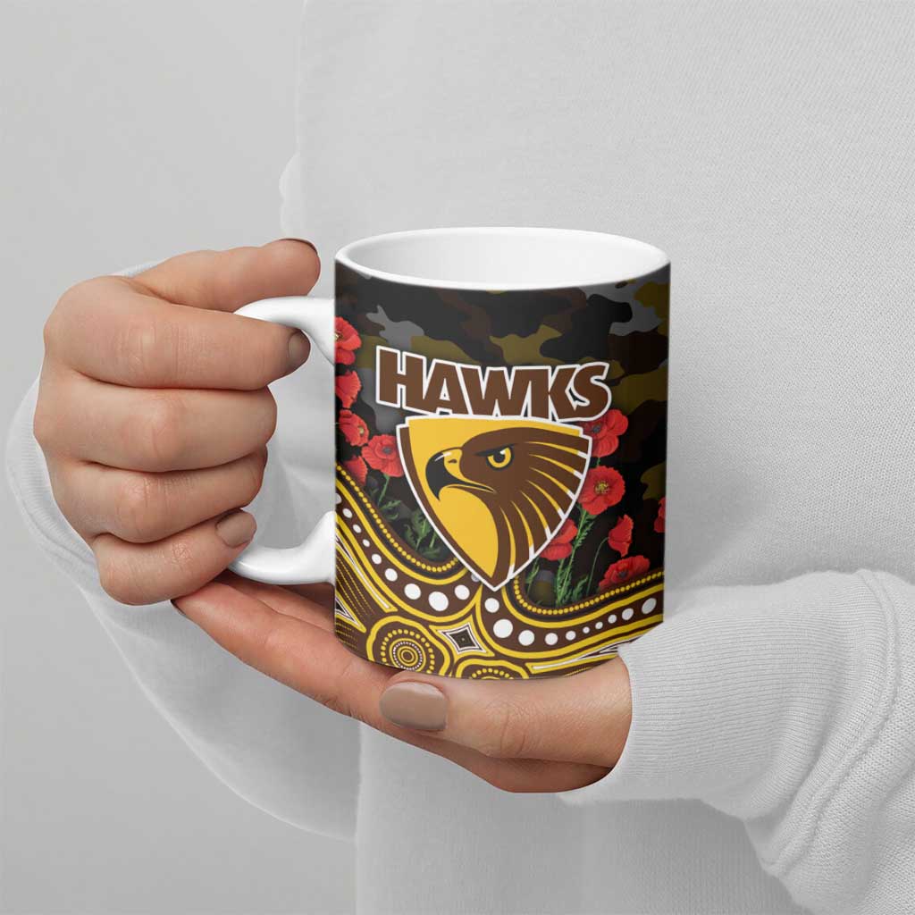Hawthorn Hawks ANZAC Day Ceramic Mug Indigenous Dot Art with Poppy Flower Tribute