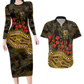 Hawthorn Hawks ANZAC Day Couples Matching Long Sleeve Bodycon Dress and Hawaiian Shirt Indigenous Dot Art with Poppy Flower Tribute