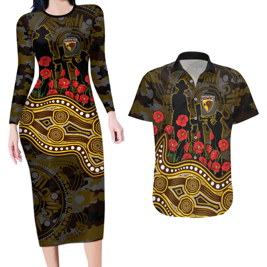 Hawthorn Hawks ANZAC Day Couples Matching Long Sleeve Bodycon Dress and Hawaiian Shirt Indigenous Dot Art with Poppy Flower Tribute
