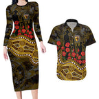 Hawthorn Hawks ANZAC Day Couples Matching Long Sleeve Bodycon Dress and Hawaiian Shirt Indigenous Dot Art with Poppy Flower Tribute
