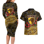 Hawthorn Hawks ANZAC Day Couples Matching Long Sleeve Bodycon Dress and Hawaiian Shirt Indigenous Dot Art with Poppy Flower Tribute