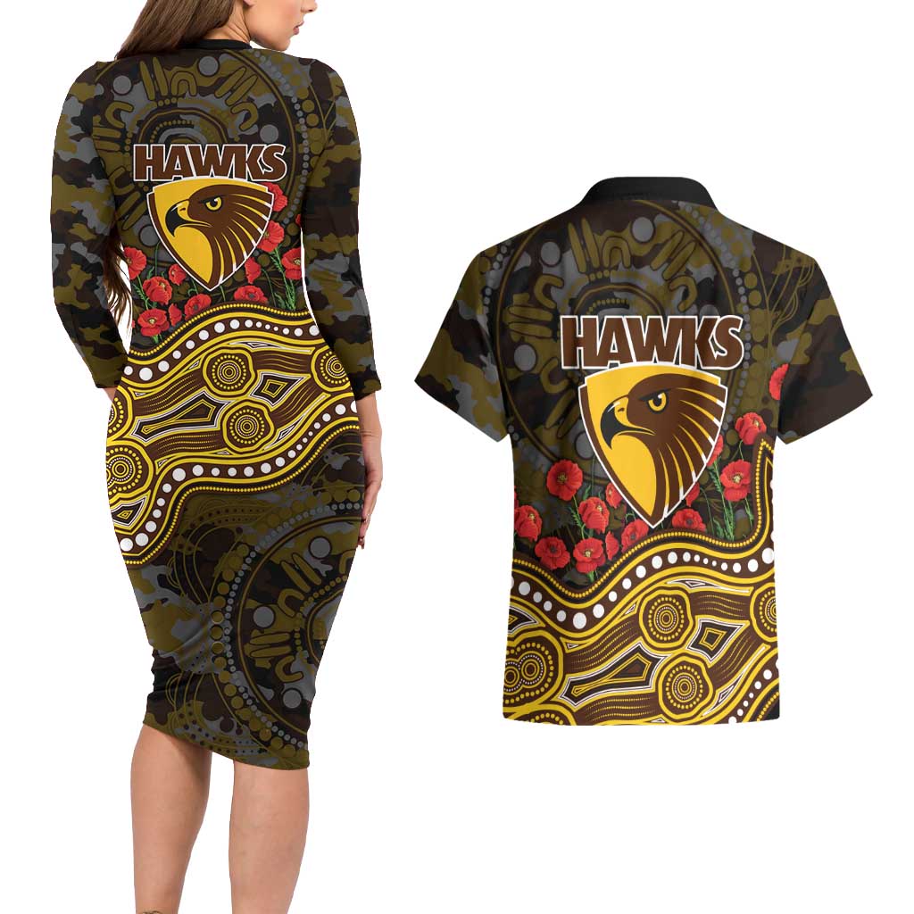 Hawthorn Hawks ANZAC Day Couples Matching Long Sleeve Bodycon Dress and Hawaiian Shirt Indigenous Dot Art with Poppy Flower Tribute