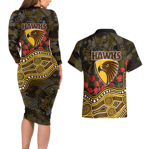 Hawthorn Hawks ANZAC Day Couples Matching Long Sleeve Bodycon Dress and Hawaiian Shirt Indigenous Dot Art with Poppy Flower Tribute