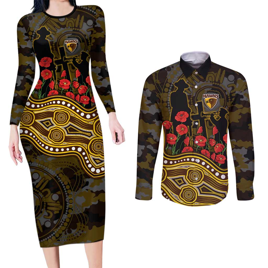 Hawthorn Hawks ANZAC Day Couples Matching Long Sleeve Bodycon Dress and Long Sleeve Button Shirt Indigenous Dot Art with Poppy Flower Tribute