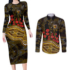 Hawthorn Hawks ANZAC Day Couples Matching Long Sleeve Bodycon Dress and Long Sleeve Button Shirt Indigenous Dot Art with Poppy Flower Tribute