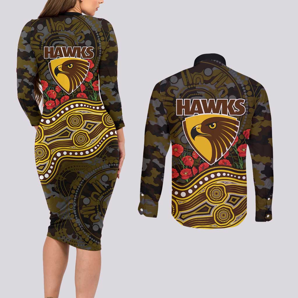 Hawthorn Hawks ANZAC Day Couples Matching Long Sleeve Bodycon Dress and Long Sleeve Button Shirt Indigenous Dot Art with Poppy Flower Tribute