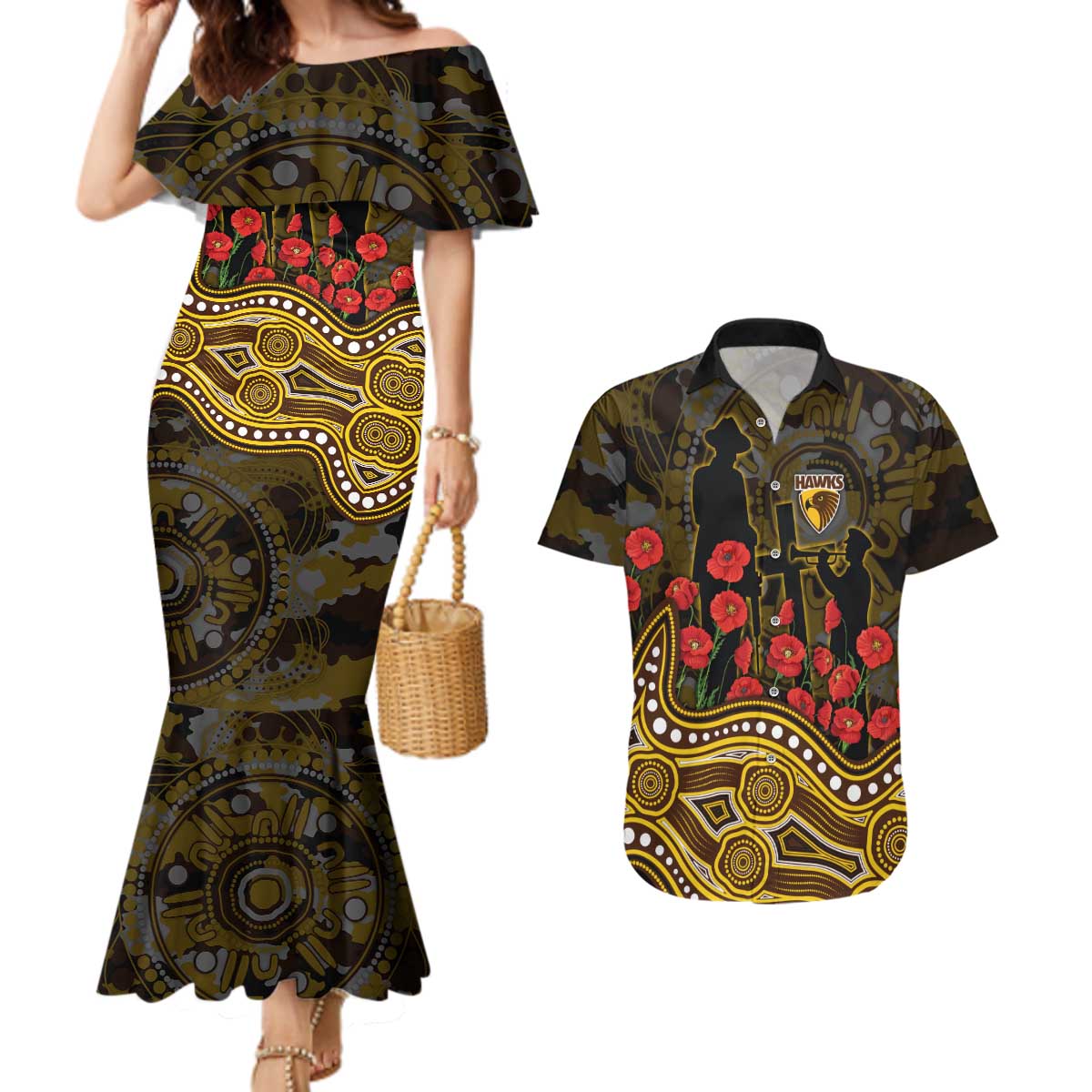 Hawthorn Hawks ANZAC Day Couples Matching Mermaid Dress and Hawaiian Shirt Indigenous Dot Art with Poppy Flower Tribute