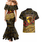 Hawthorn Hawks ANZAC Day Couples Matching Mermaid Dress and Hawaiian Shirt Indigenous Dot Art with Poppy Flower Tribute