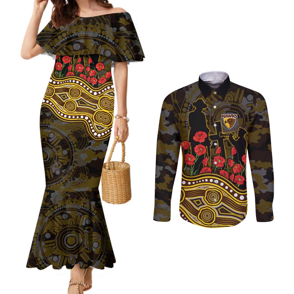 Hawthorn Hawks ANZAC Day Couples Matching Mermaid Dress and Long Sleeve Button Shirt Indigenous Dot Art with Poppy Flower Tribute