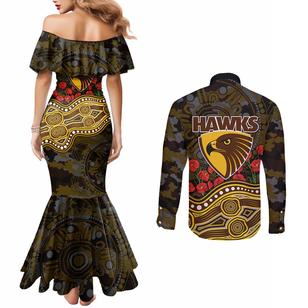 Hawthorn Hawks ANZAC Day Couples Matching Mermaid Dress and Long Sleeve Button Shirt Indigenous Dot Art with Poppy Flower Tribute