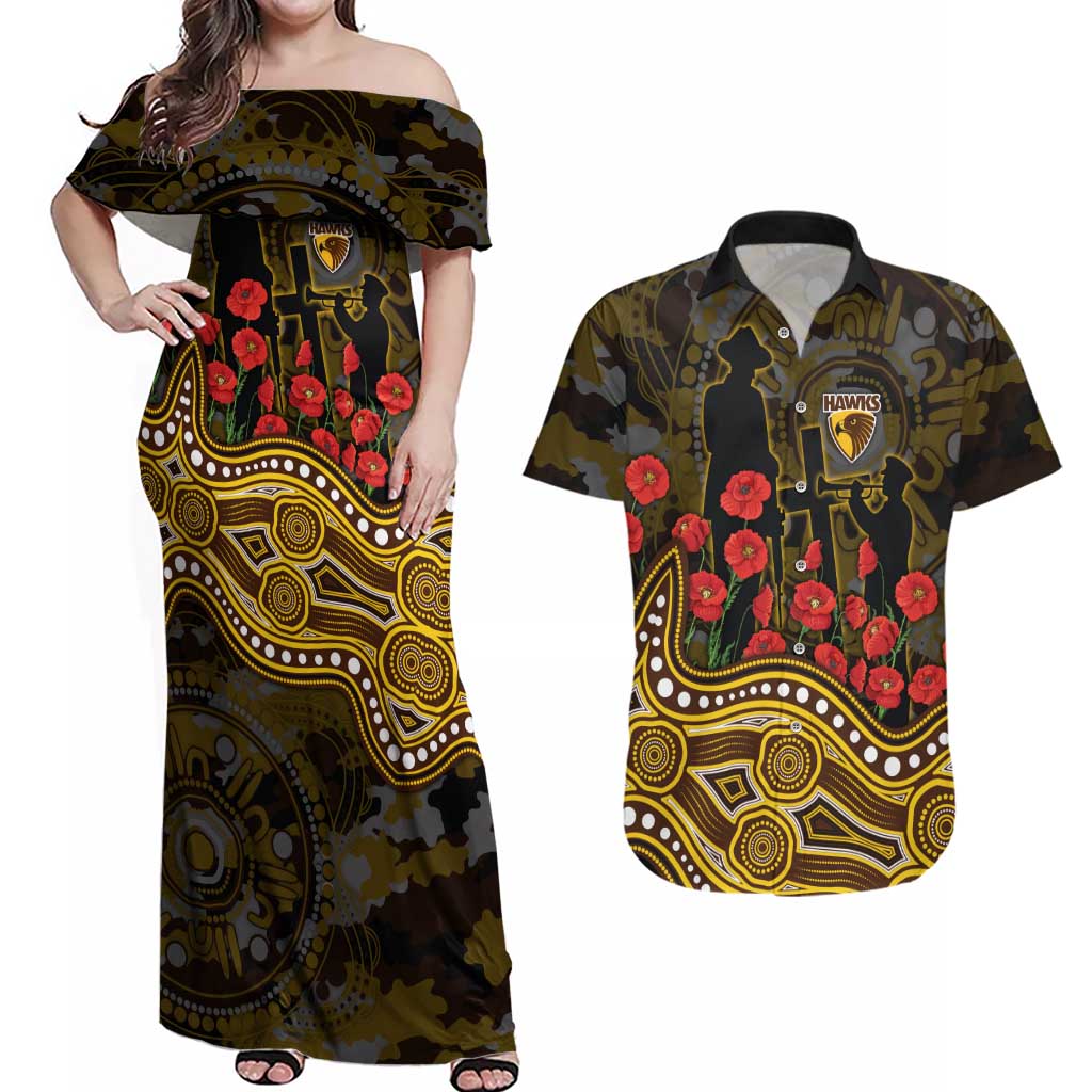Hawthorn Hawks ANZAC Day Couples Matching Off Shoulder Maxi Dress and Hawaiian Shirt Indigenous Dot Art with Poppy Flower Tribute