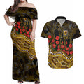 Hawthorn Hawks ANZAC Day Couples Matching Off Shoulder Maxi Dress and Hawaiian Shirt Indigenous Dot Art with Poppy Flower Tribute