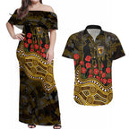 Hawthorn Hawks ANZAC Day Couples Matching Off Shoulder Maxi Dress and Hawaiian Shirt Indigenous Dot Art with Poppy Flower Tribute