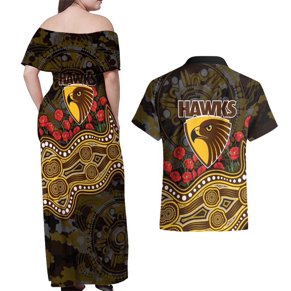 Hawthorn Hawks ANZAC Day Couples Matching Off Shoulder Maxi Dress and Hawaiian Shirt Indigenous Dot Art with Poppy Flower Tribute