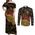 Hawthorn Hawks ANZAC Day Couples Matching Off Shoulder Maxi Dress and Long Sleeve Button Shirt Indigenous Dot Art with Poppy Flower Tribute