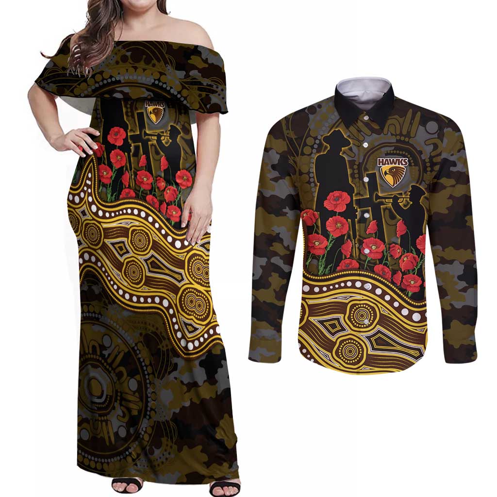 Hawthorn Hawks ANZAC Day Couples Matching Off Shoulder Maxi Dress and Long Sleeve Button Shirt Indigenous Dot Art with Poppy Flower Tribute