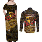 Hawthorn Hawks ANZAC Day Couples Matching Off Shoulder Maxi Dress and Long Sleeve Button Shirt Indigenous Dot Art with Poppy Flower Tribute