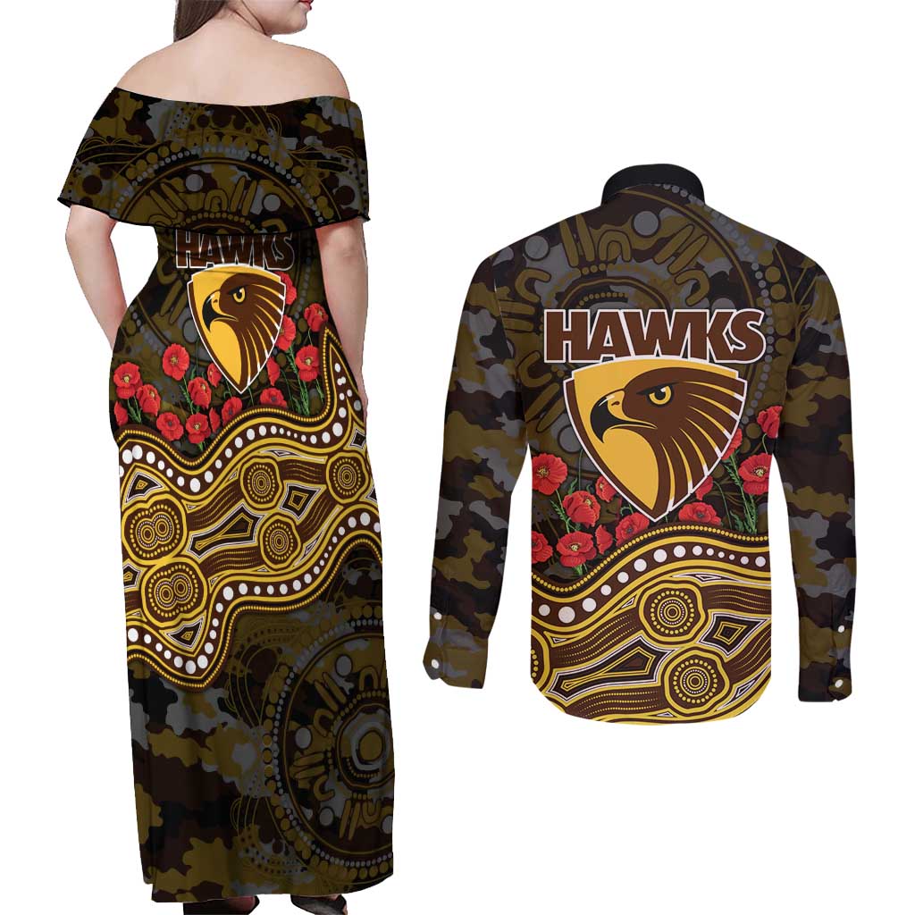 Hawthorn Hawks ANZAC Day Couples Matching Off Shoulder Maxi Dress and Long Sleeve Button Shirt Indigenous Dot Art with Poppy Flower Tribute