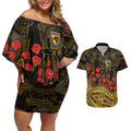 Hawthorn Hawks ANZAC Day Couples Matching Off Shoulder Short Dress and Hawaiian Shirt Indigenous Dot Art with Poppy Flower Tribute