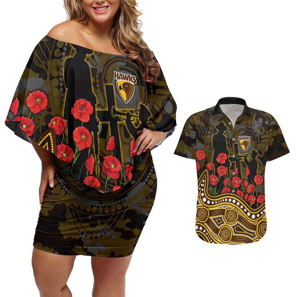 Hawthorn Hawks ANZAC Day Couples Matching Off Shoulder Short Dress and Hawaiian Shirt Indigenous Dot Art with Poppy Flower Tribute