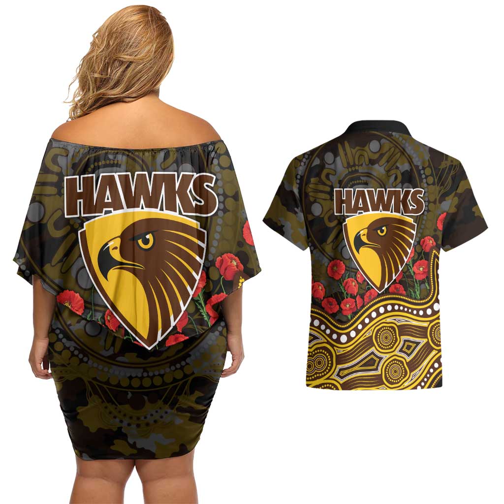 Hawthorn Hawks ANZAC Day Couples Matching Off Shoulder Short Dress and Hawaiian Shirt Indigenous Dot Art with Poppy Flower Tribute