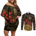 Hawthorn Hawks ANZAC Day Couples Matching Off Shoulder Short Dress and Long Sleeve Button Shirt Indigenous Dot Art with Poppy Flower Tribute