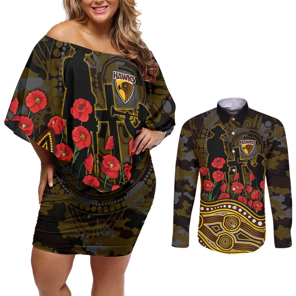 Hawthorn Hawks ANZAC Day Couples Matching Off Shoulder Short Dress and Long Sleeve Button Shirt Indigenous Dot Art with Poppy Flower Tribute