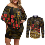 Hawthorn Hawks ANZAC Day Couples Matching Off Shoulder Short Dress and Long Sleeve Button Shirt Indigenous Dot Art with Poppy Flower Tribute