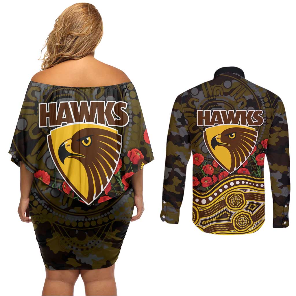 Hawthorn Hawks ANZAC Day Couples Matching Off Shoulder Short Dress and Long Sleeve Button Shirt Indigenous Dot Art with Poppy Flower Tribute